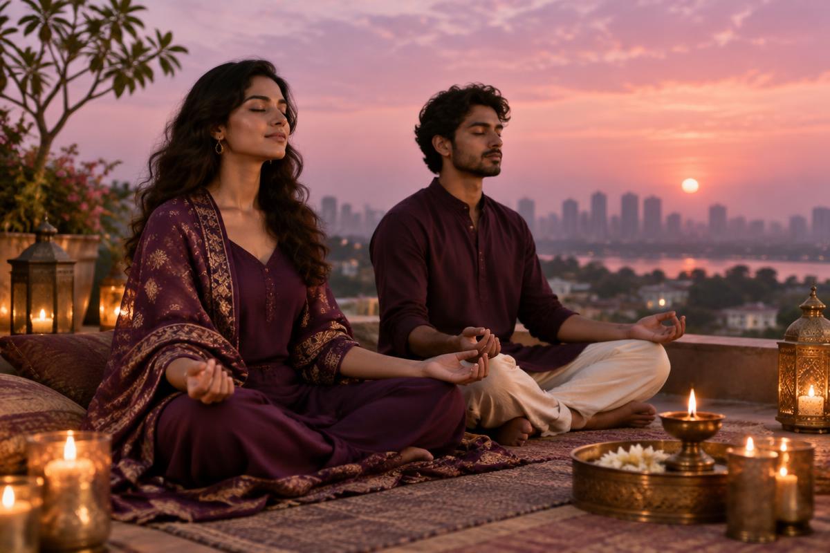 Two people meditating together on a rooftop terrace at sunrise